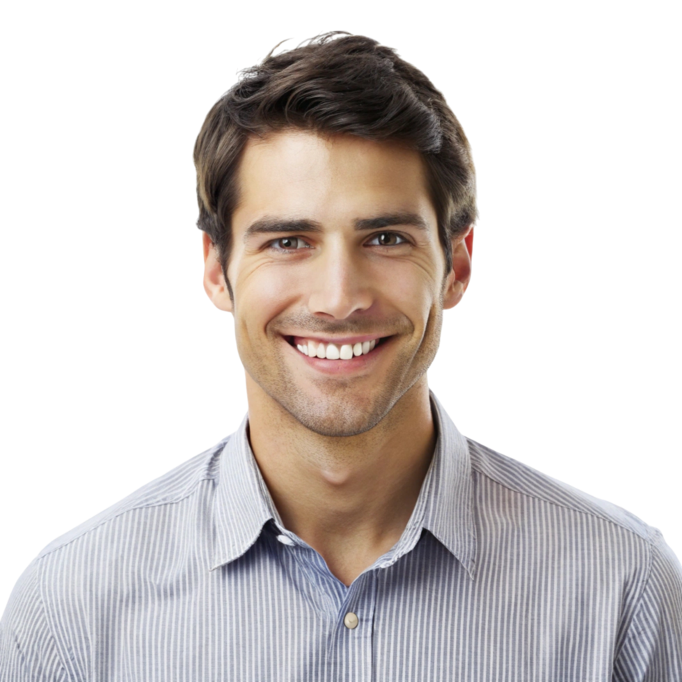 Smiling young man looking confidently at the camera, expressing happiness and satisfaction in a close up portrait png