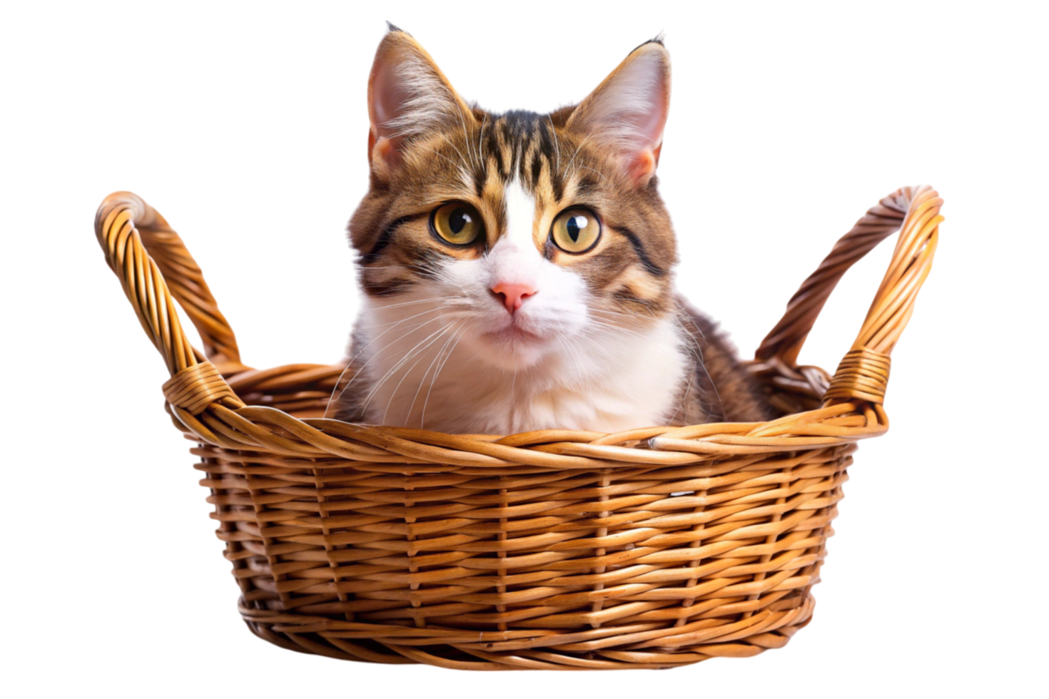 adorable tabby cat comfortably sitting in a wicker basket on a Transparent Background png