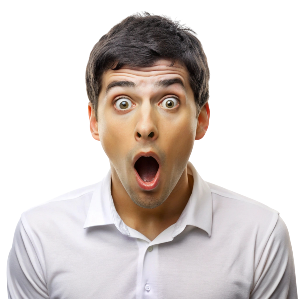 Young man in a state of shock, his eyes wide open, with an exaggerated surprised expression, isolated on a black background png