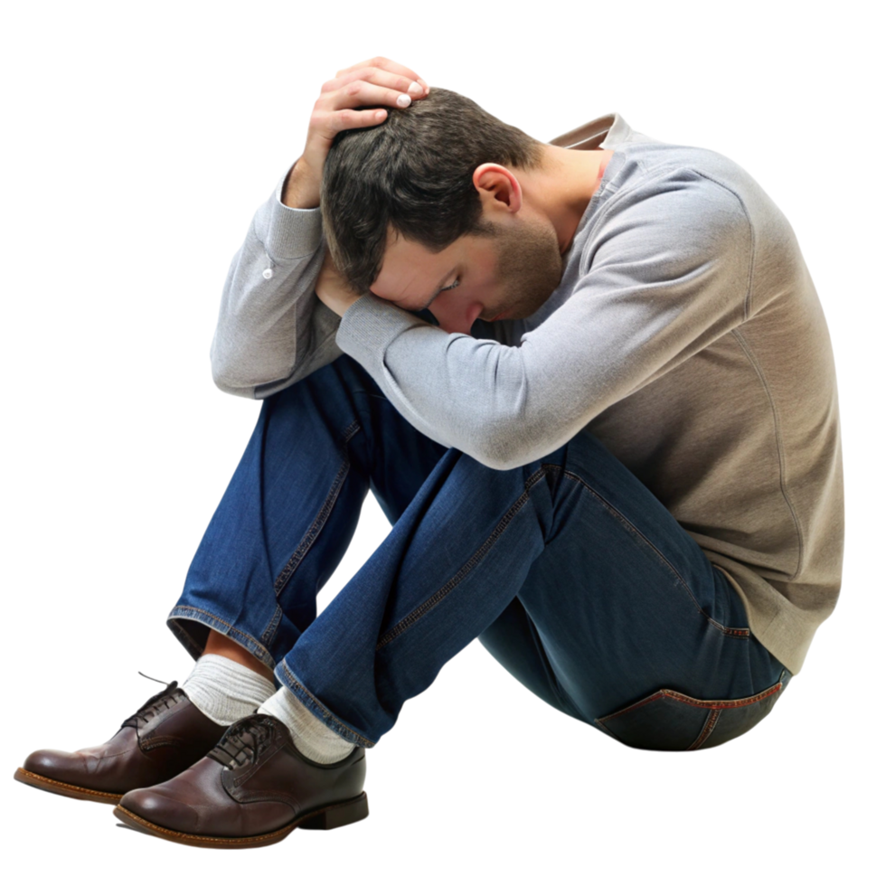 Young man curled up on the floor in a defeated posture, displaying emotional pain, mental health struggles, and despair png