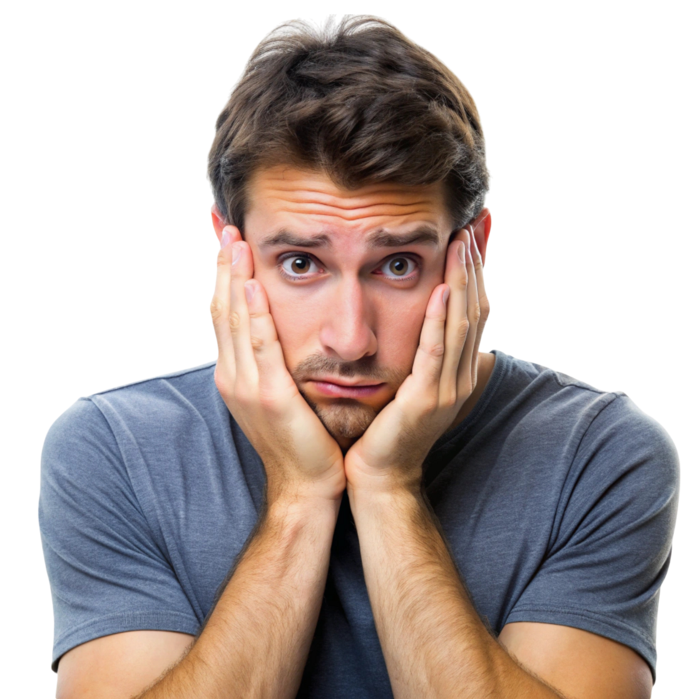 Worried young man holding his face with both hands, showing frustration and anxiety on a plain Transparent Background png