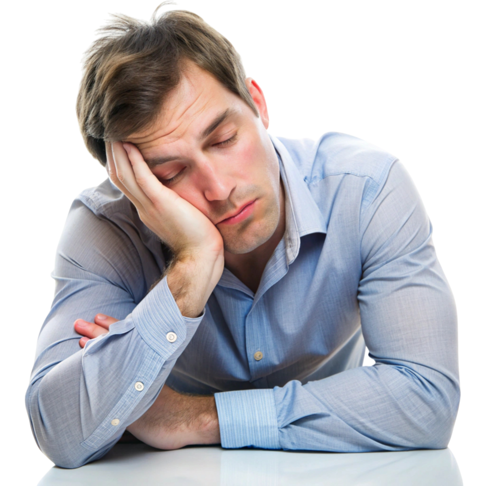 Exhausted young man resting his head on his hand, looking visibly tired and drained while seated at a table png