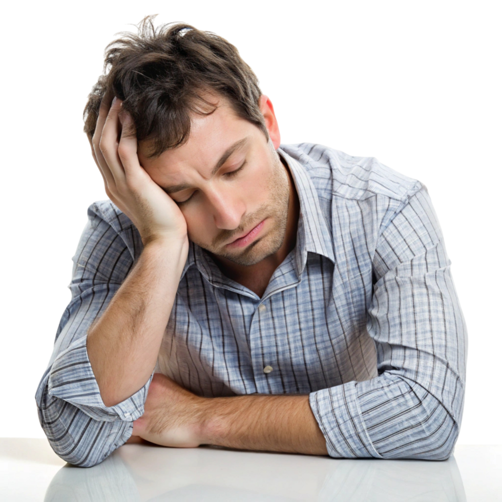 Overworked man struggling to stay awake, resting his head on his hand, displaying tiredness and burnout png