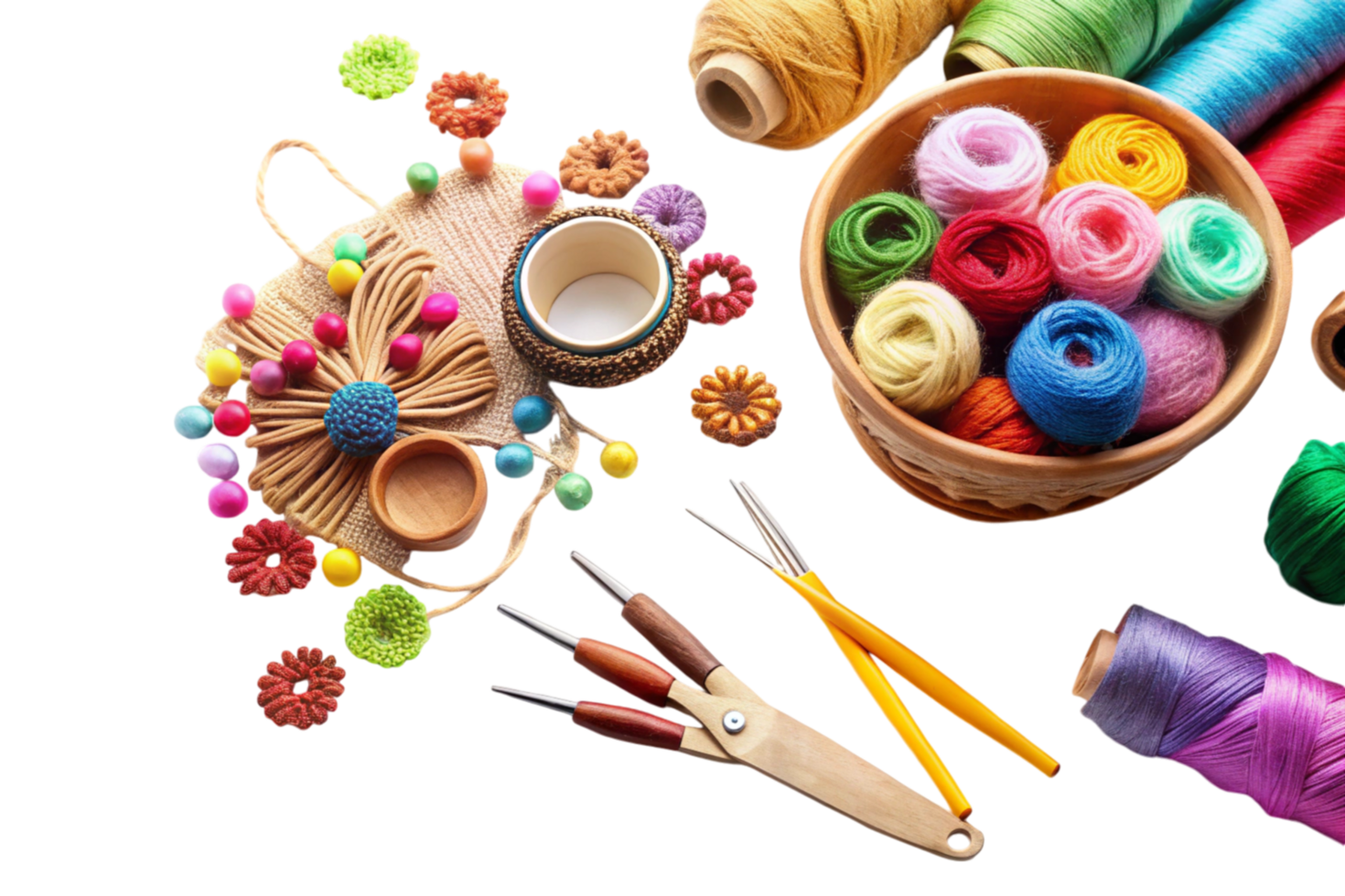 Colorful craft supplies and yarn assortment for creative DIY projects on Transparent Background png