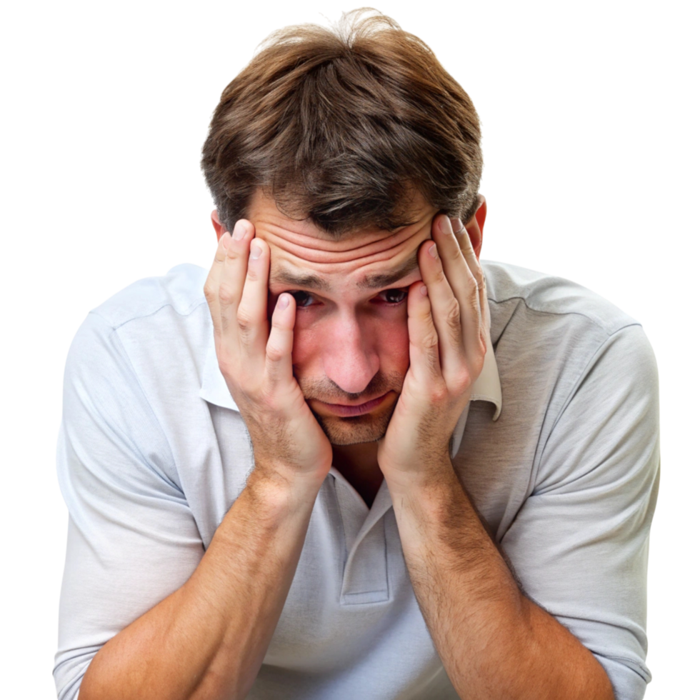 Close up of a stressed young man holding his face, showing fear and concern, isolated on a Transparent Background png