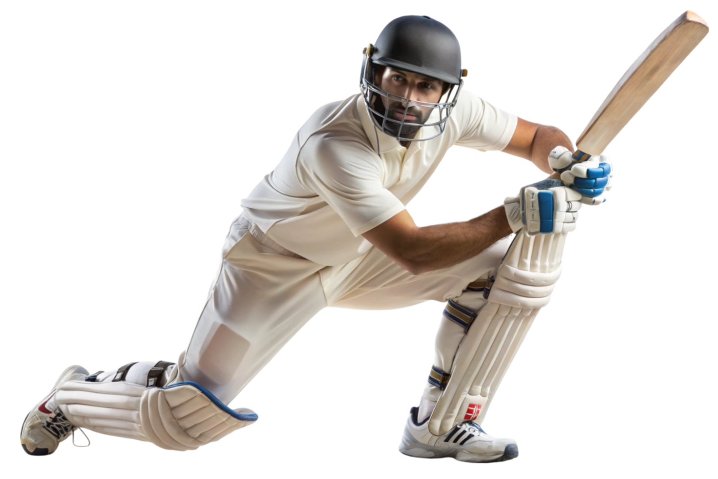 Professional cricket player in batting stance, showcasing focus and athletic form on Transparent Background png