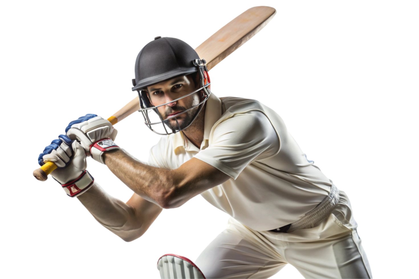 Confident cricket athlete holding bat and wearing helmet, prepared for action in isolated white setting png