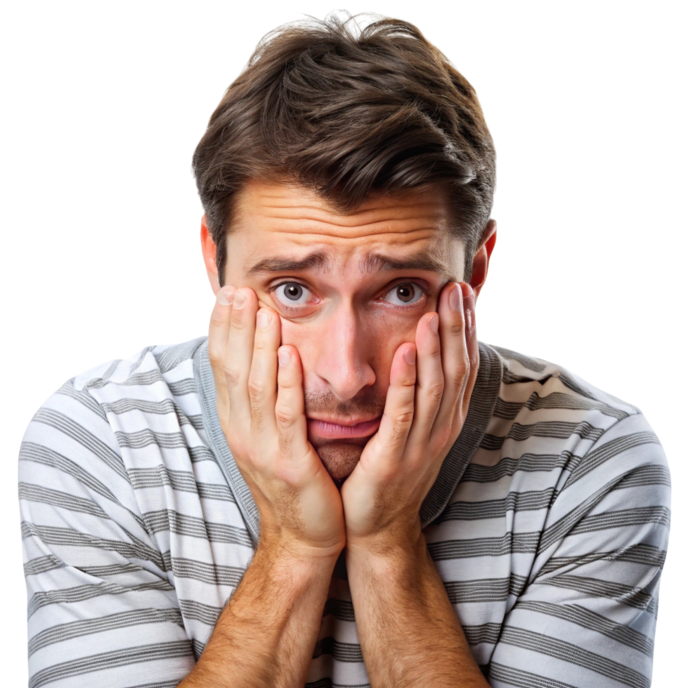 Portrait of a distressed young man with his hands on his cheeks, displaying worry, anxiety, and doubt on Transparent Background png