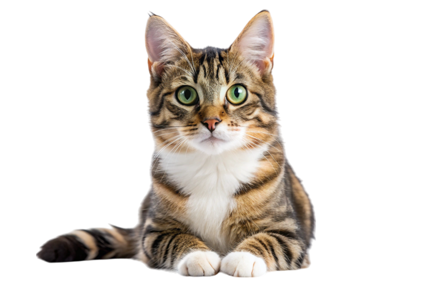Adorable domestic cat with striking green eyes calmly sitting on a clean Transparent Background png