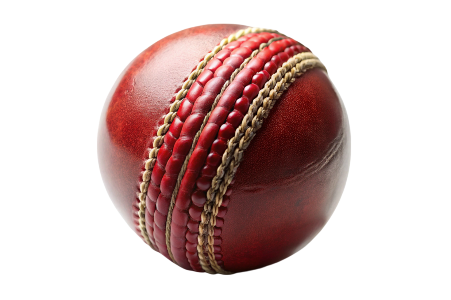 red leather cricket ball with intricate stitching detail on Transparent Background for sports and cricket themes png