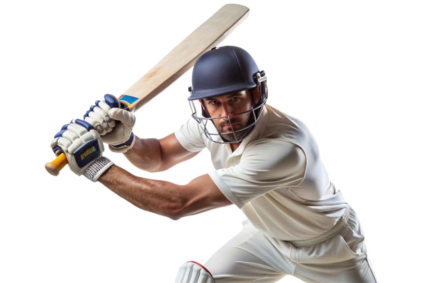 Determined cricket player in full gear ready to bat, showing intense focus and athletic stance on Transparent Background png