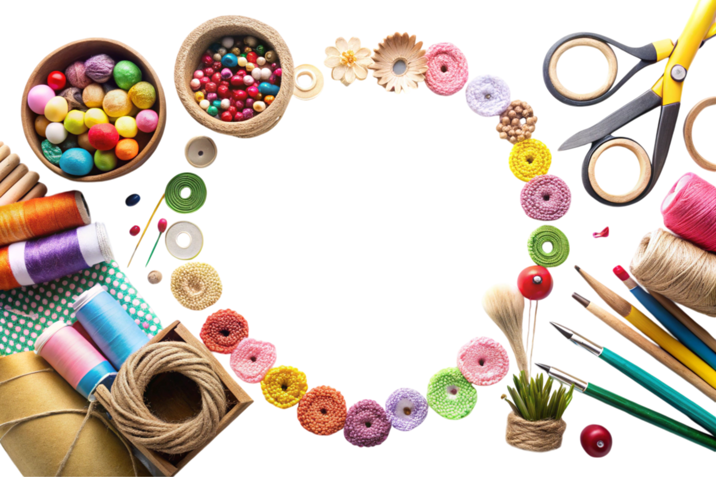 Assorted crafting materials, tools, and vibrant yarns in flat lay on Transparent Background png