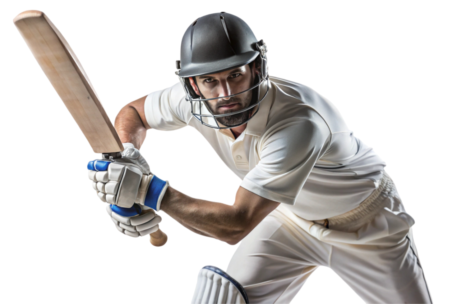 Focused male cricketer in full protective gear with bat, captured mid pose on a clean, minimalist Transparent Background png