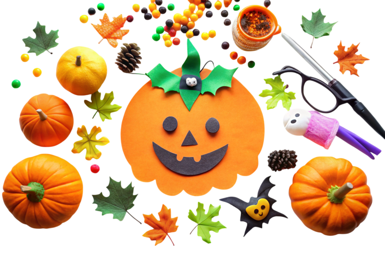 Festive Halloween craft flat lay with jack o lantern decorations, autumn leaves, pumpkins, and candy on Transparent Background png