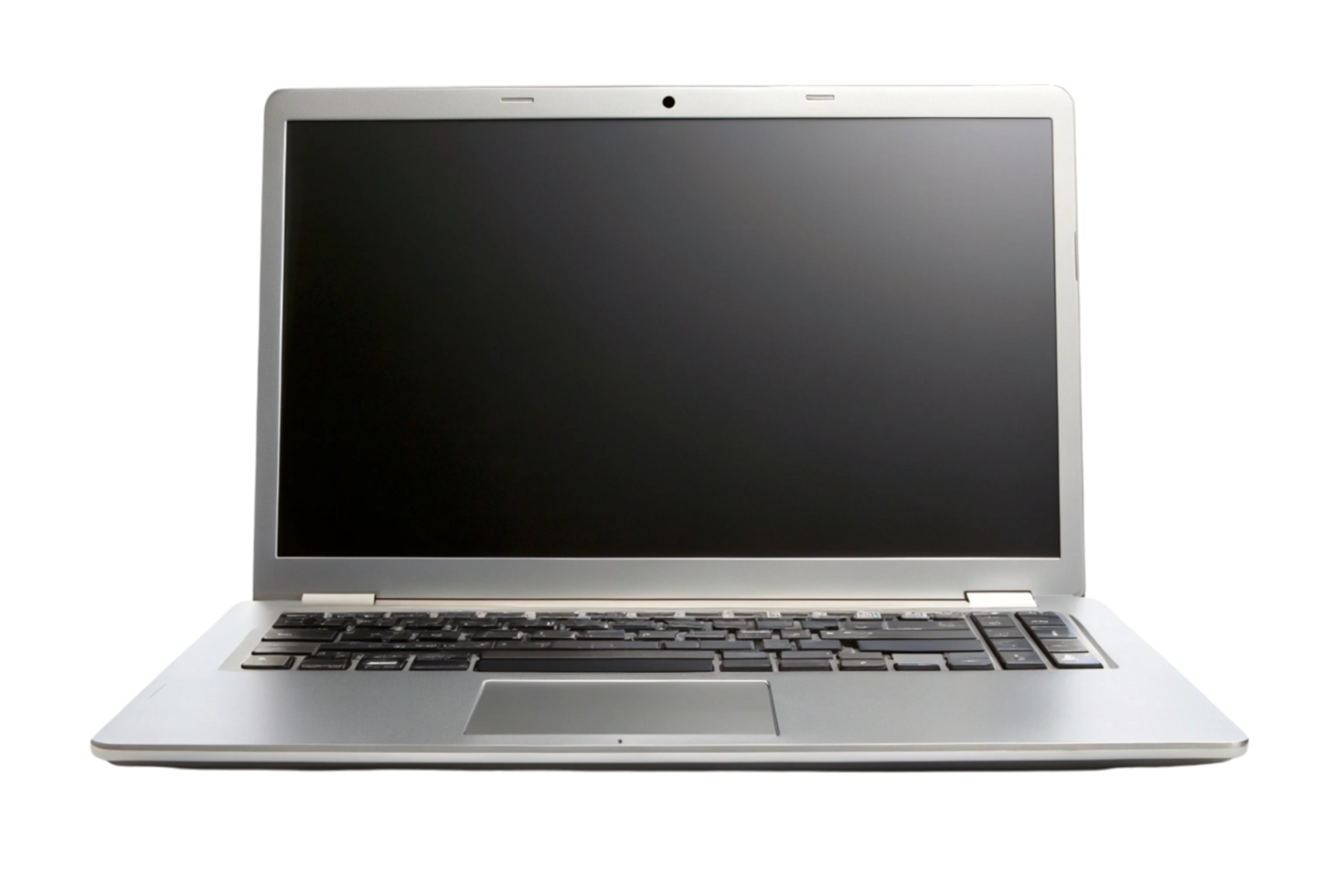 Front view of modern silver laptop with blank screen on Transparent Background, ideal for technology and business concepts png