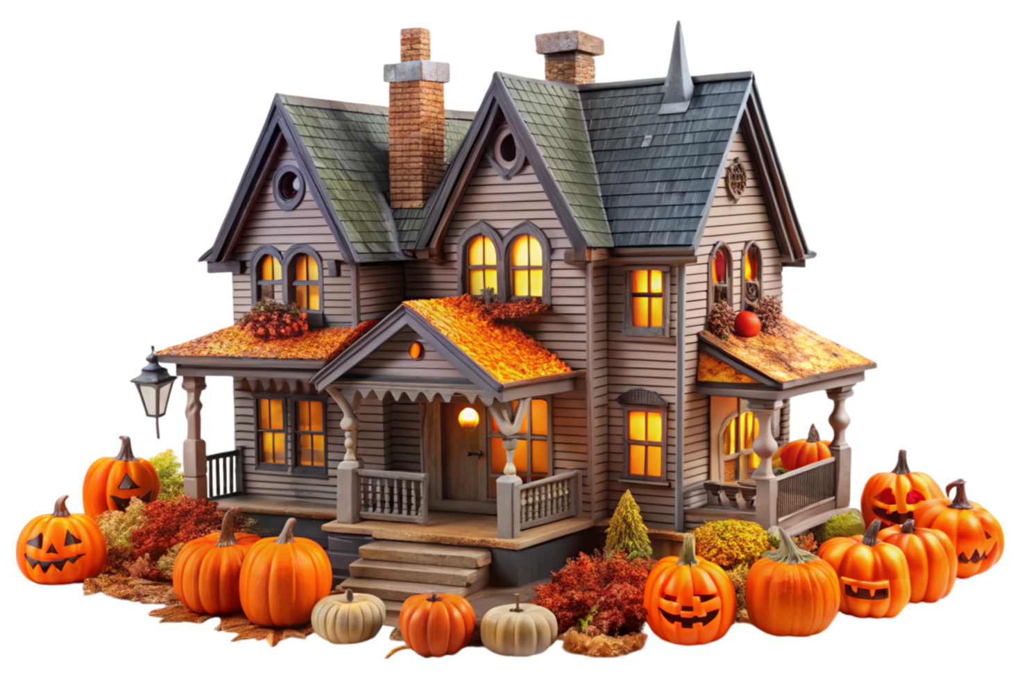 Miniature Halloween haunted house adorned with pumpkins and fall decor, ideal for autumn and festive ambiance png