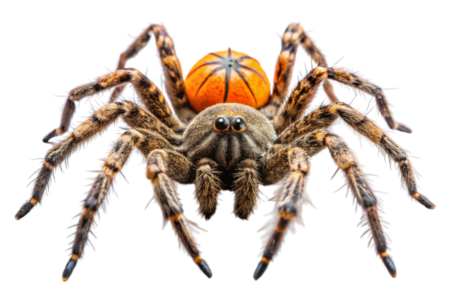 Hairy spider with striking orange abdomen pattern, representing fear, nature, and Halloween on a Transparent Background png