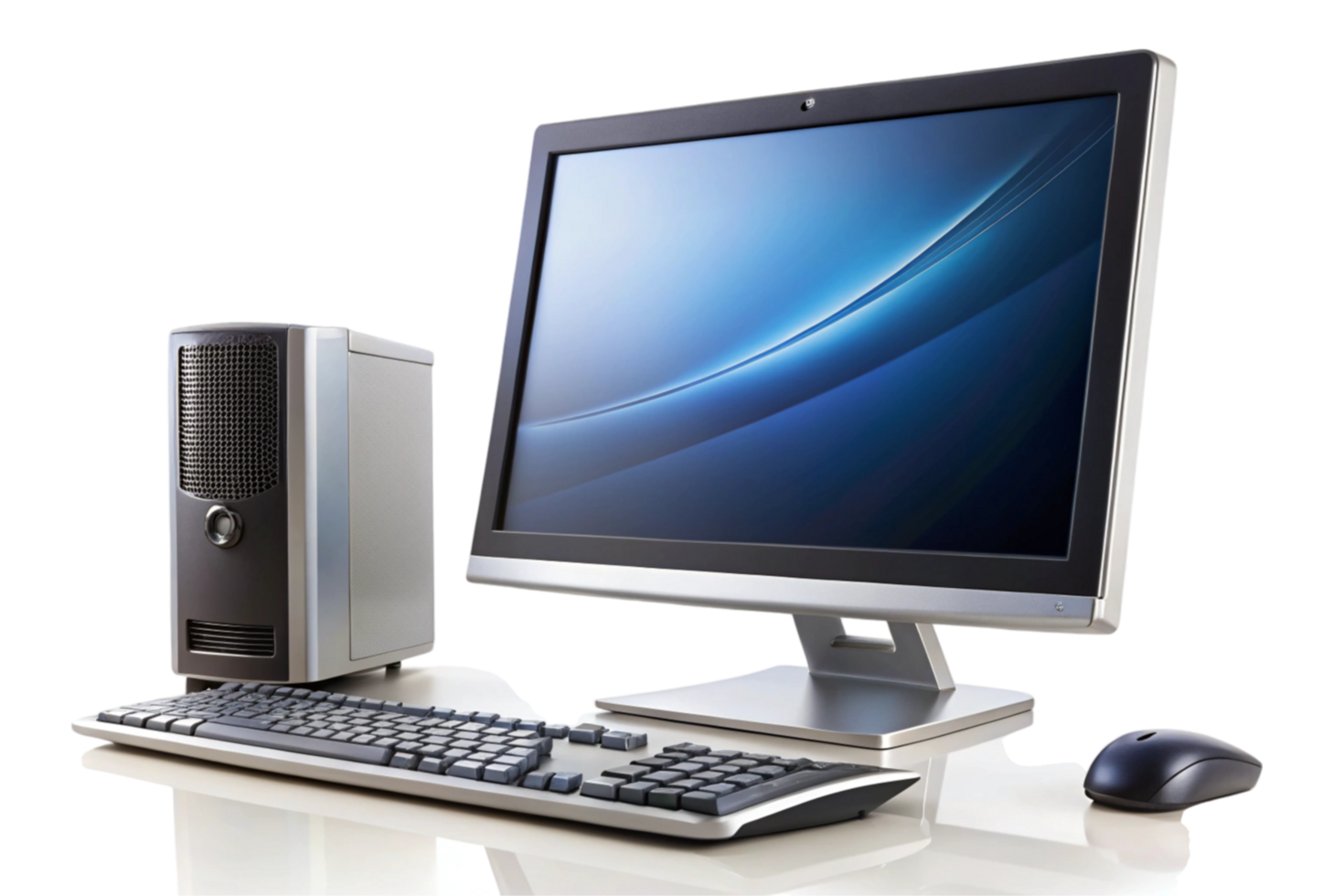 Silver laptop and desktop computer setup on a Transparent Background, showcasing minimalistic tech and productivity equipment png