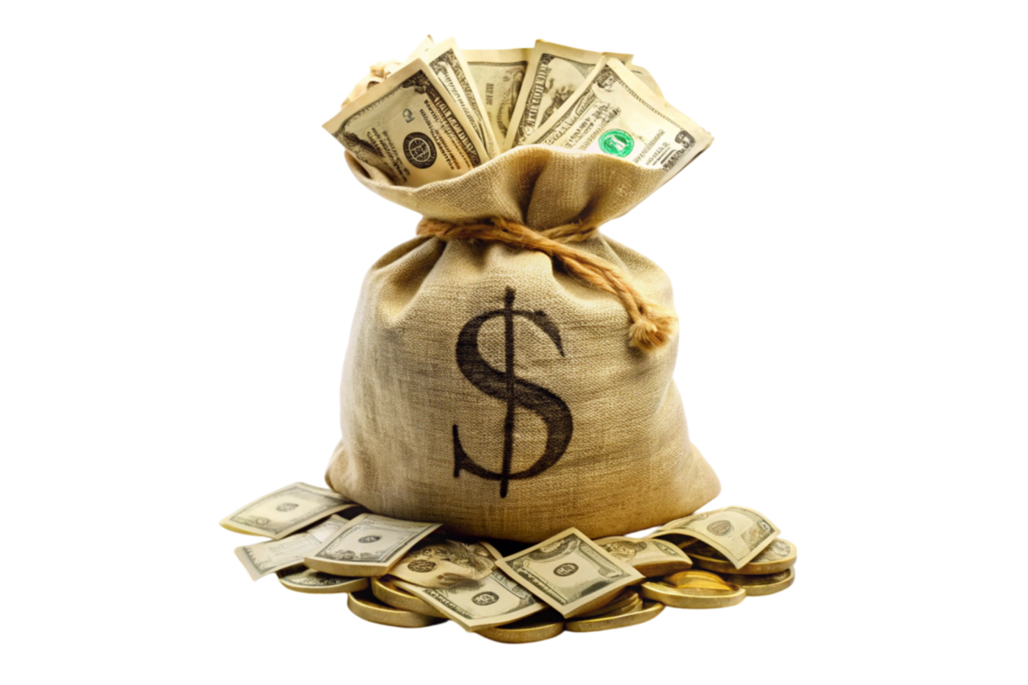 Money sack with currency symbol filled with gold and dollar bills, illustrating wealth and fortune concept png