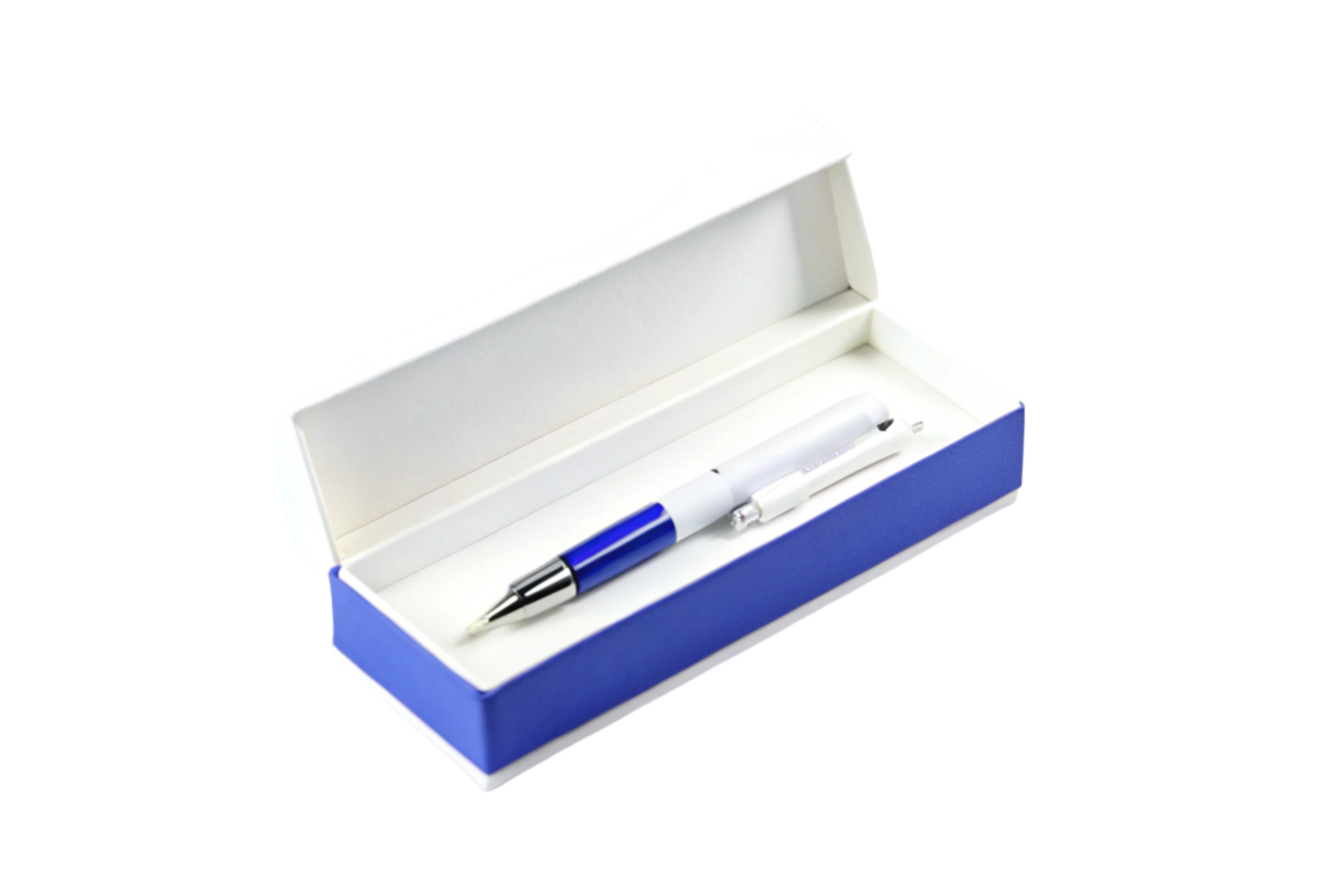 Elegant luxury pen in white gift box with blue and white detailing isolated on clean Transparent Background png