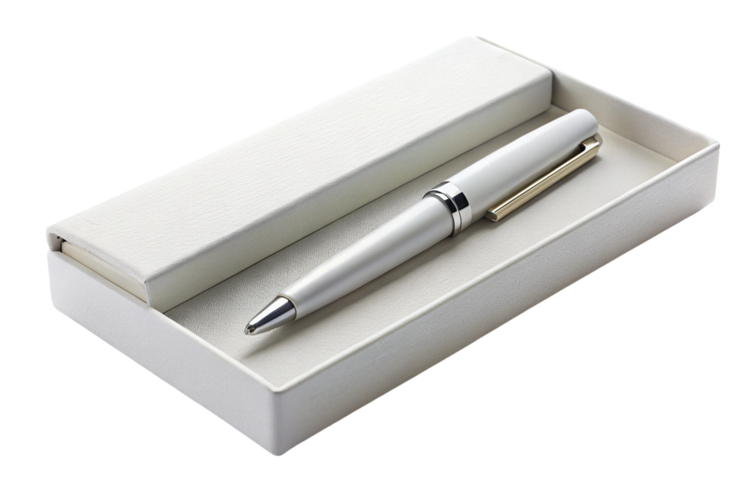 Elegant white and silver ballpoint pen in luxury gift box on Transparent Background, perfect for gifting and office use png