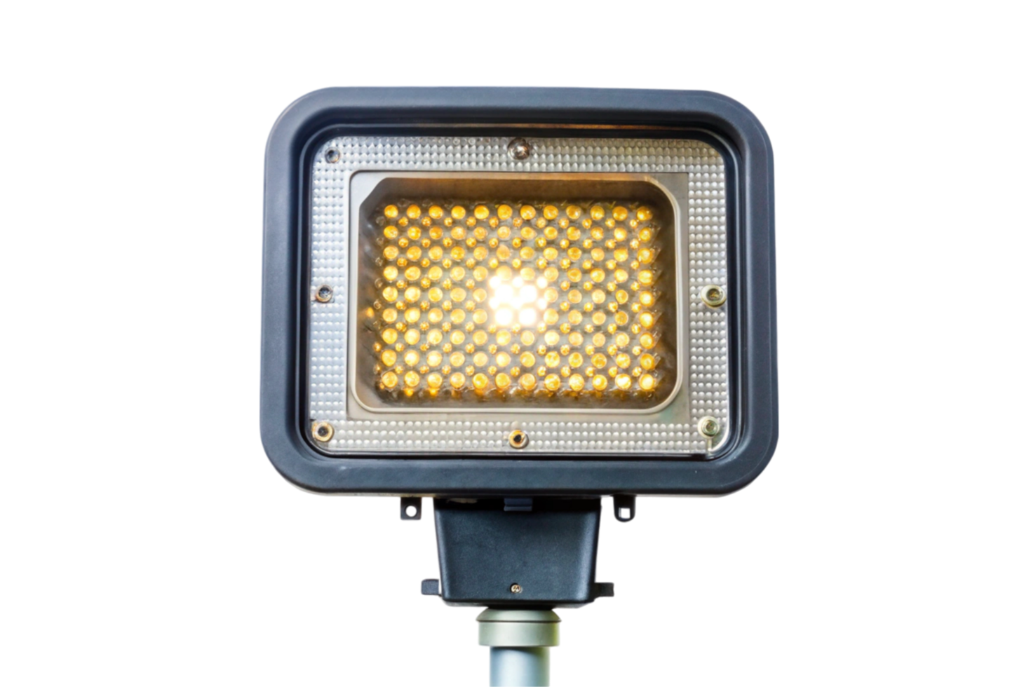Industrial grade LED street light close up with intense yellow lighting, isolated on white for infrastructure themes png