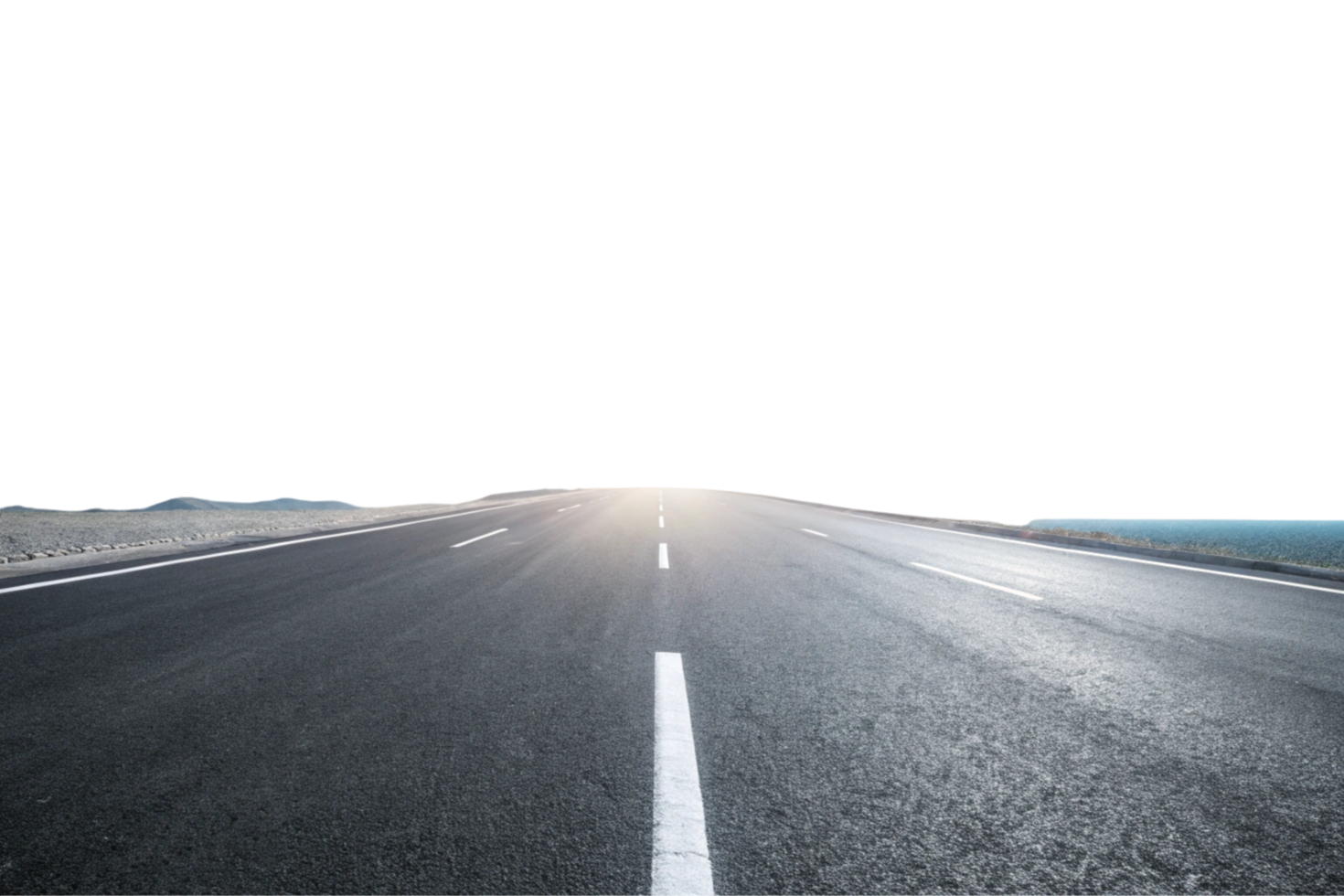 Open road in a barren landscape, leading to the horizon with blue sky and clouds, representing adventure and exploration png