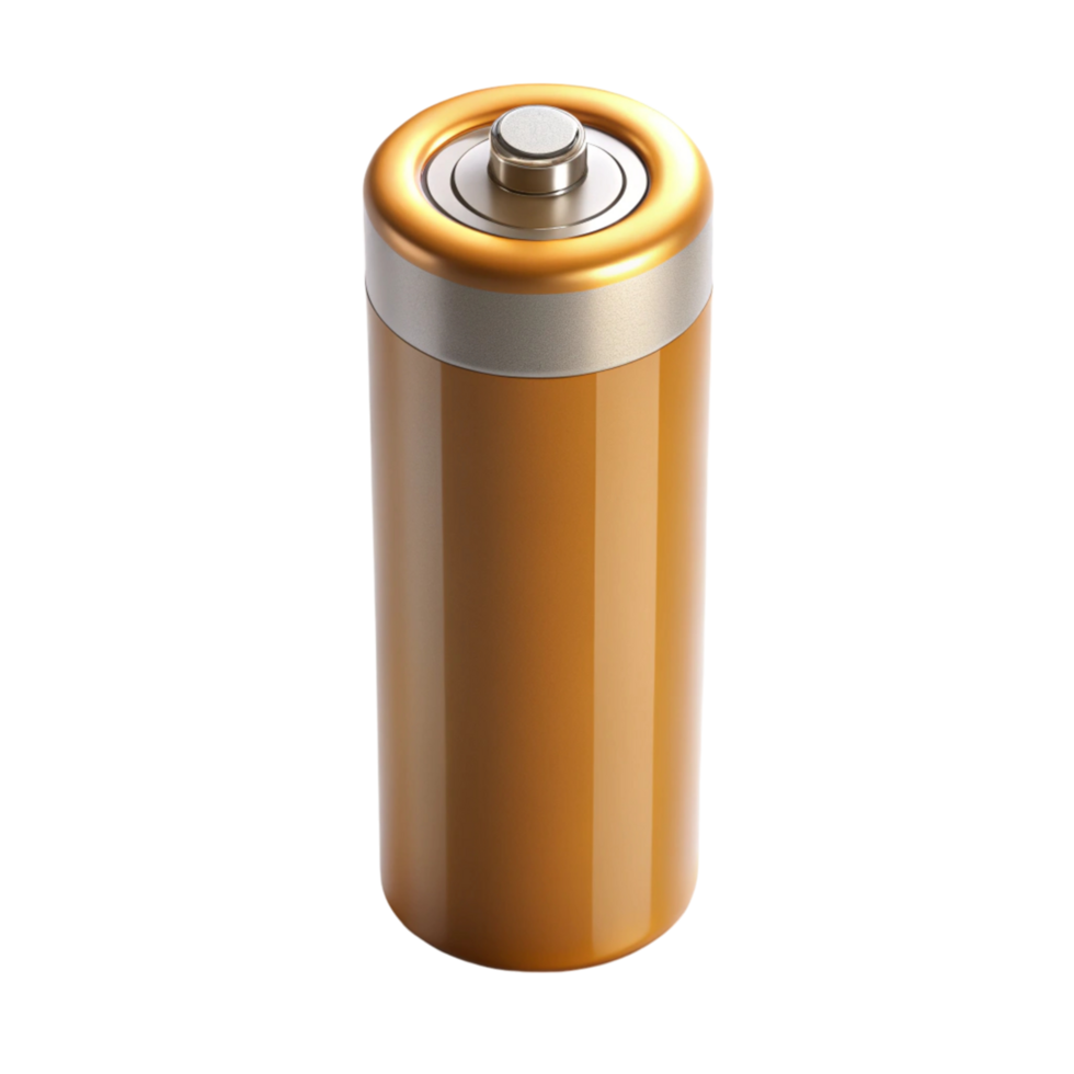 cylindrical battery with gold finish on Transparent Background for power and energy applications png