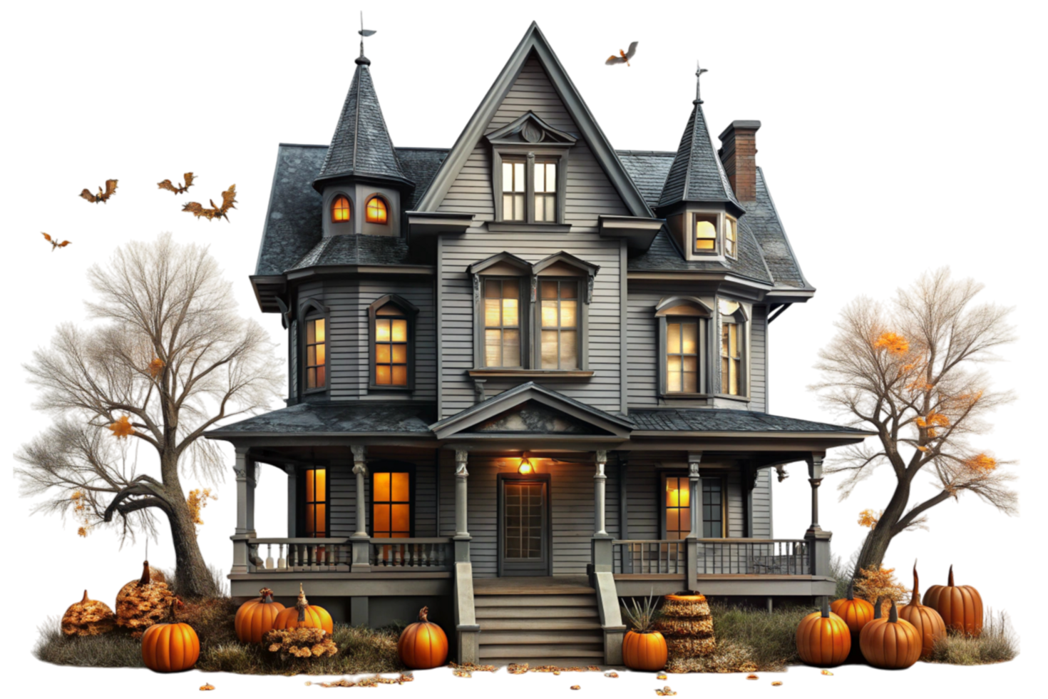 Gothic style haunted mansion with Halloween decor, pumpkins, and bats, surrounded by bare autumn trees png
