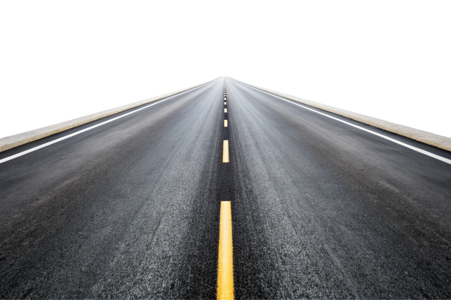 Endless straight road on a sunny day, fading into the distance, bordered by green fields and a clean white sky png