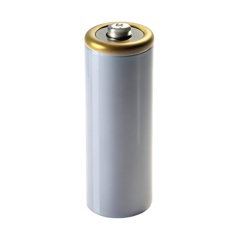 Close up of single AA sized battery with metallic finish on clean Transparent Background png