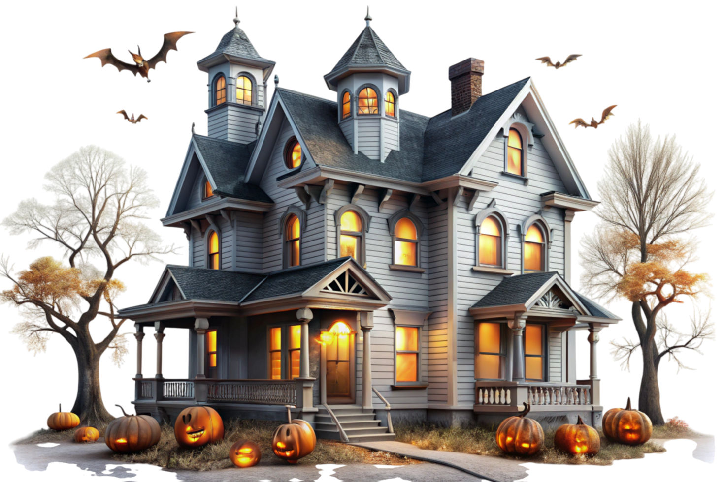 Spooky Halloween house with Gothic architecture, jack o lanterns, and bats on a Transparent Background for seasonal themes png