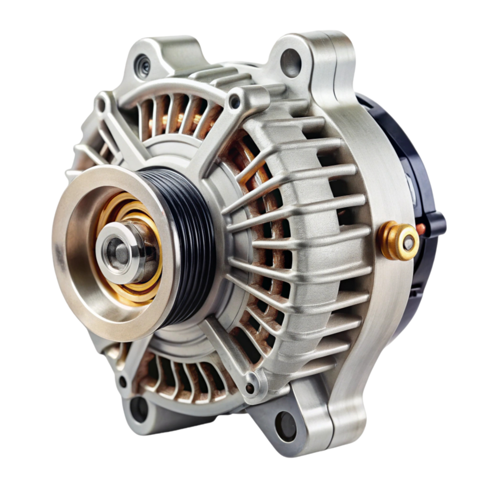 car alternator with a metallic finish, isolated on a Transparent Background for automotive applications png