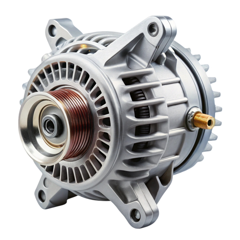 High performance car alternator showcased on a white surface, suitable for vehicle parts catalog or engineering visuals png