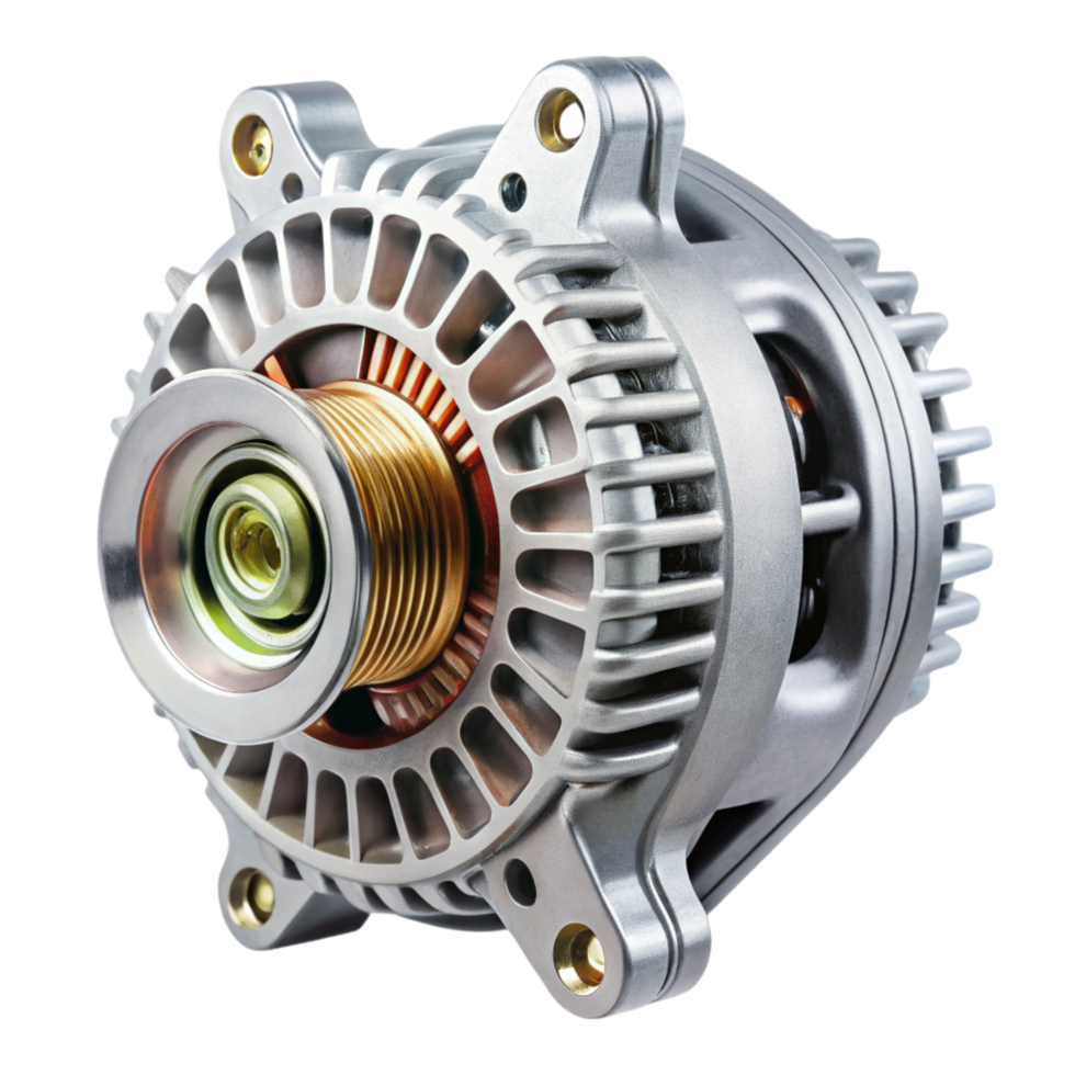 Detailed view of an alternator part with metal casing, displayed against a Transparent Background for automotive usage png