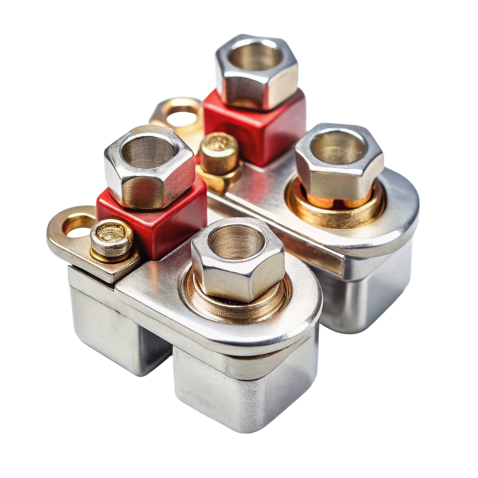Heavy duty automotive battery terminals with durable metal construction and sleek design png