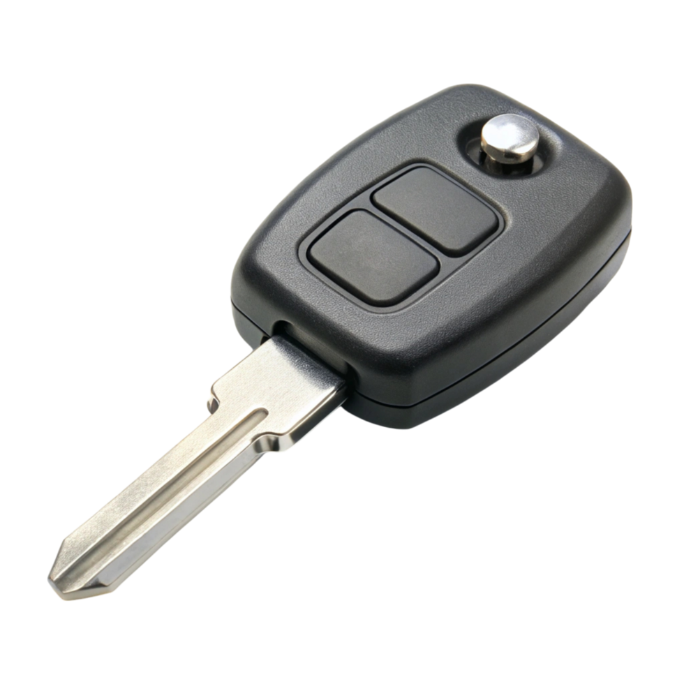Close up of a vehicle key fob with integrated buttons for remote locking, displayed on a Transparent Background png