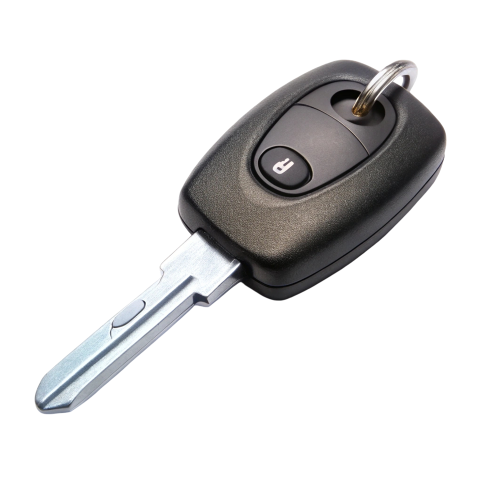 Black car key featuring a built in remote control system, isolated against a plain Transparent Background png