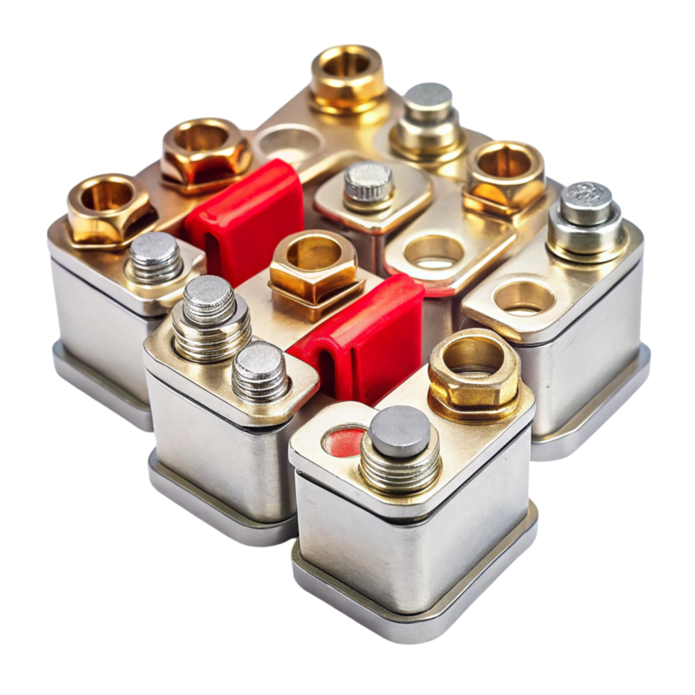 High quality battery terminals with gold and silver plated connectors on clean Transparent Background png