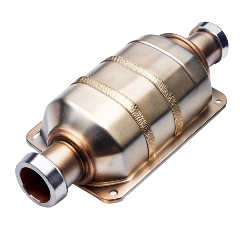 Automotive catalytic converter component with metallic finish, ideal for reducing emissions, isolated on white png