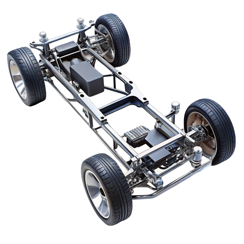 Car chassis framework with visible suspension parts and tires on clean Transparent Background png