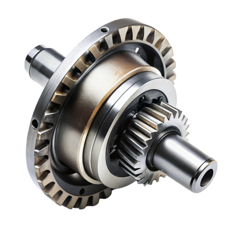 Precision engineered car differential with helical gears and metal shaft on Transparent Background png