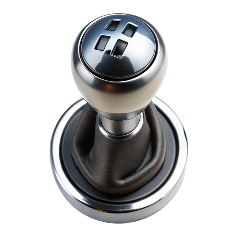 High quality gear shifter with chrome finish and leather boot suitable for car interior customization png