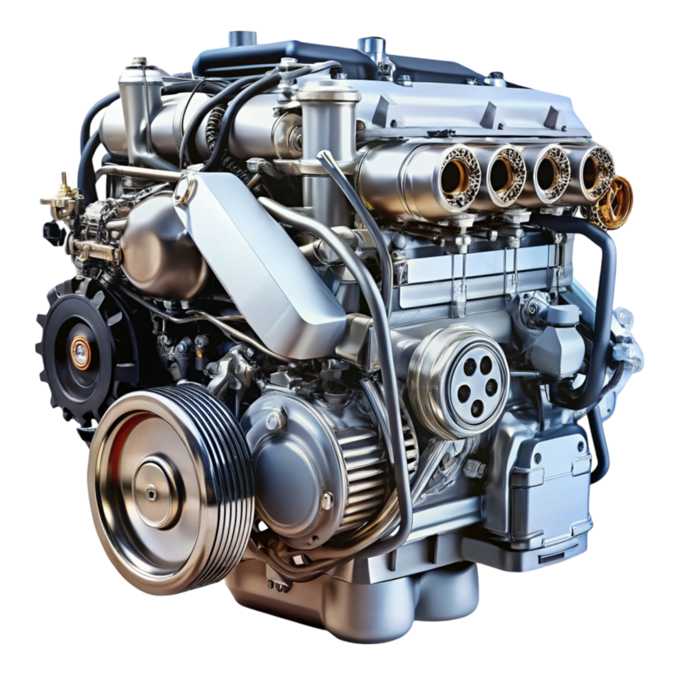 modern car engine with multiple components and metallic finishes on a Transparent Background png