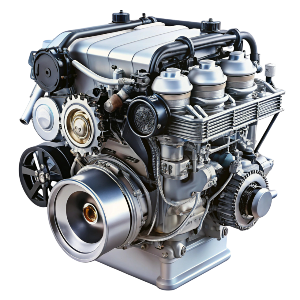 Detailed automotive engine with shiny metallic parts, belts, and components in a studio setting on a Transparent Background png
