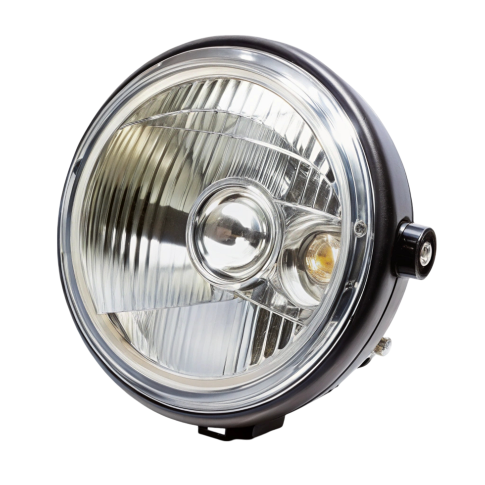 Modern car headlight with chrome finish and clear lens isolated for vehicle lighting solutions png