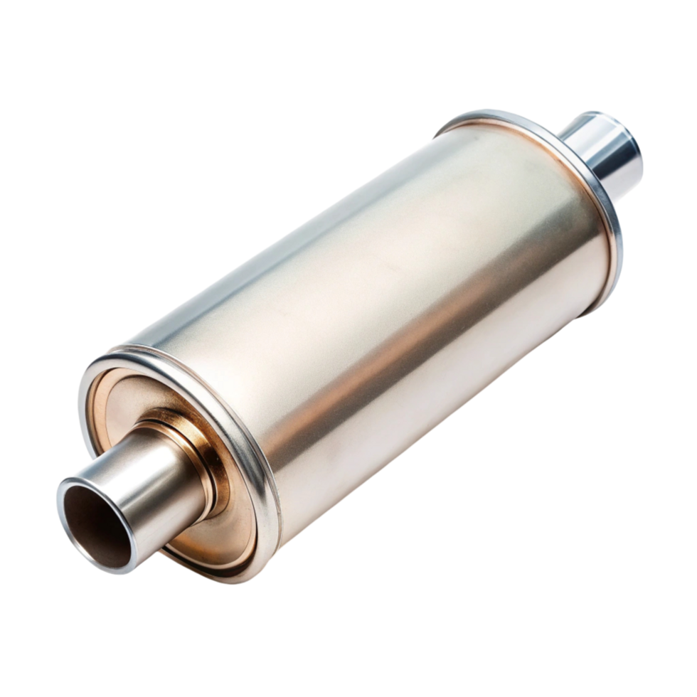 Stainless steel automotive muffler isolated on Transparent Background ideal for exhaust systems png