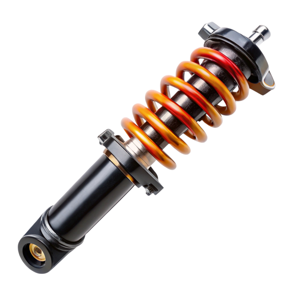 automotive suspension shock absorber with red coil spring isolated on Transparent Background png