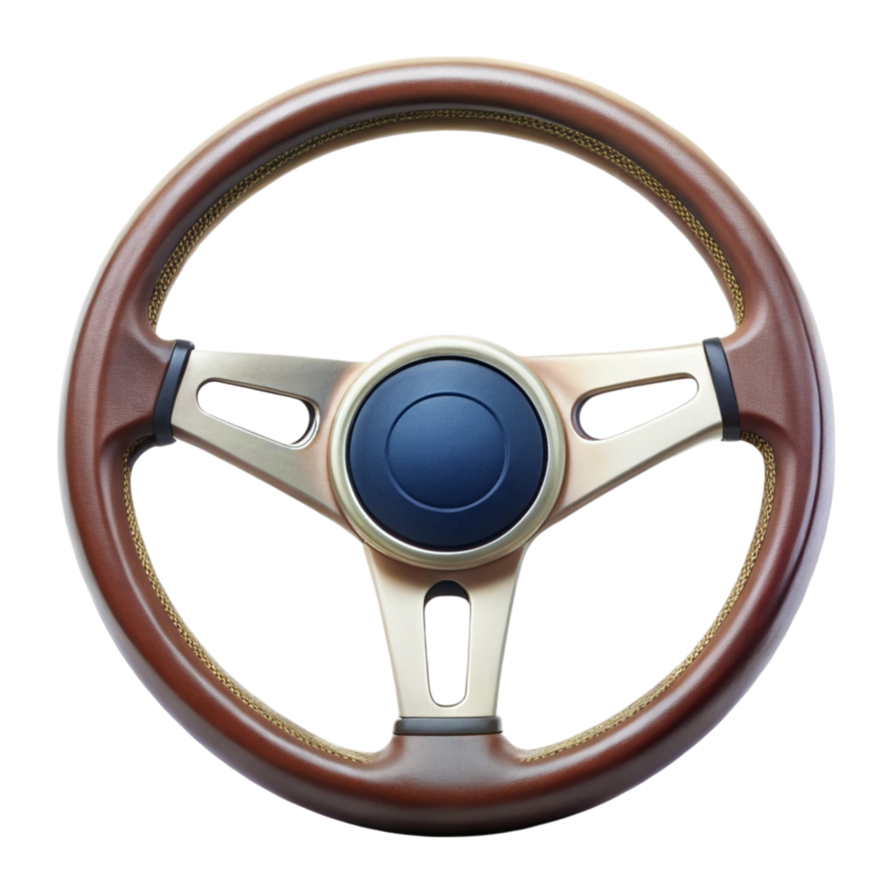 Elegant vehicle steering wheel with wood finish and modern design perfect for driving control and comfort png