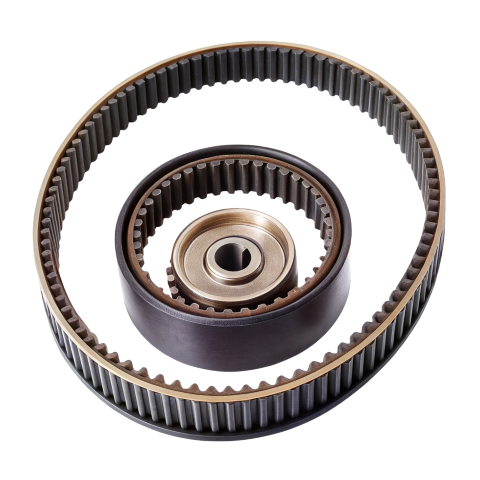 Close up of timing belt and pulley system isolated designed for vehicle timing mechanism and engine synchronization png
